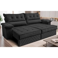 Sofá Retrátil e Reclinável 2,40m com Molas e Espuma D33 Thunder Velusoft Preto Cama inBox
