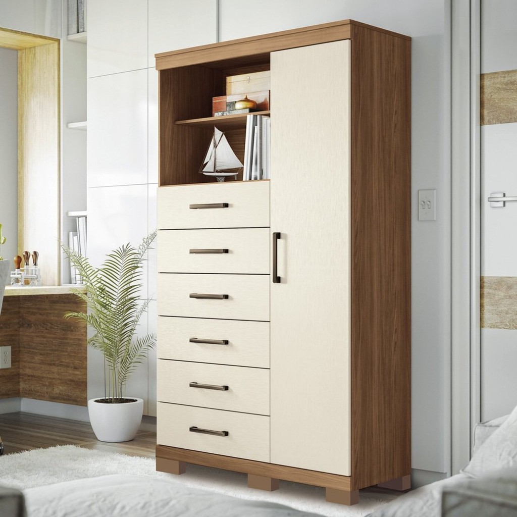 Multi-Cômoda 1 Porta 6 Gavetas Marabá com Pés Jatoba/Areia em Oferta na Shopee