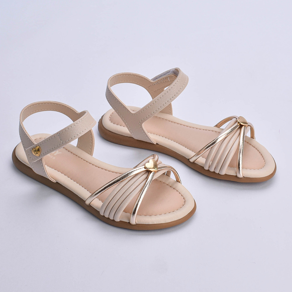 Sandália Infantil Menina Kidy Cristal Marfim Metalizada Tiras Fita Aderente Confortável Leve Macia