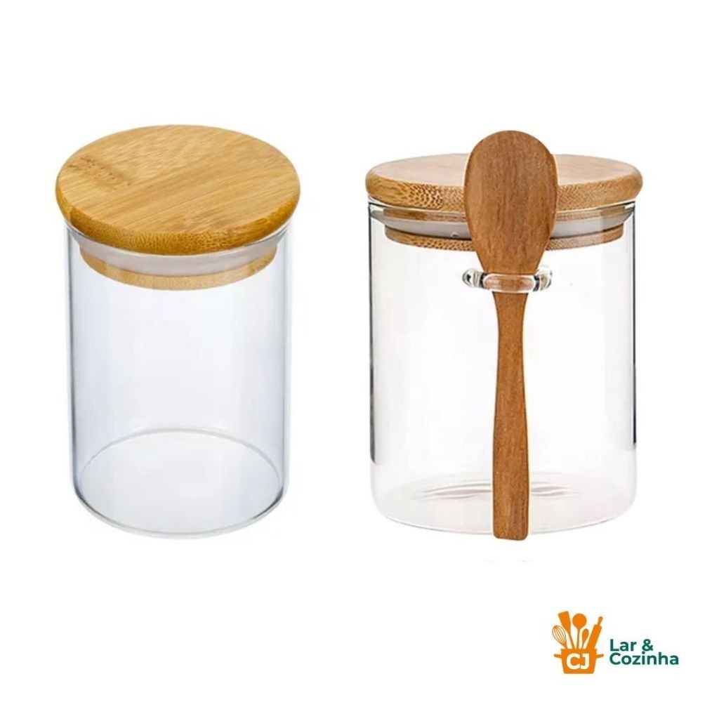 Kit 2 Potes de Vidro Herméticos com Tampa de Bambu Pote de 250 ml Pote de 400 ml com colher em Oferta na Shopee