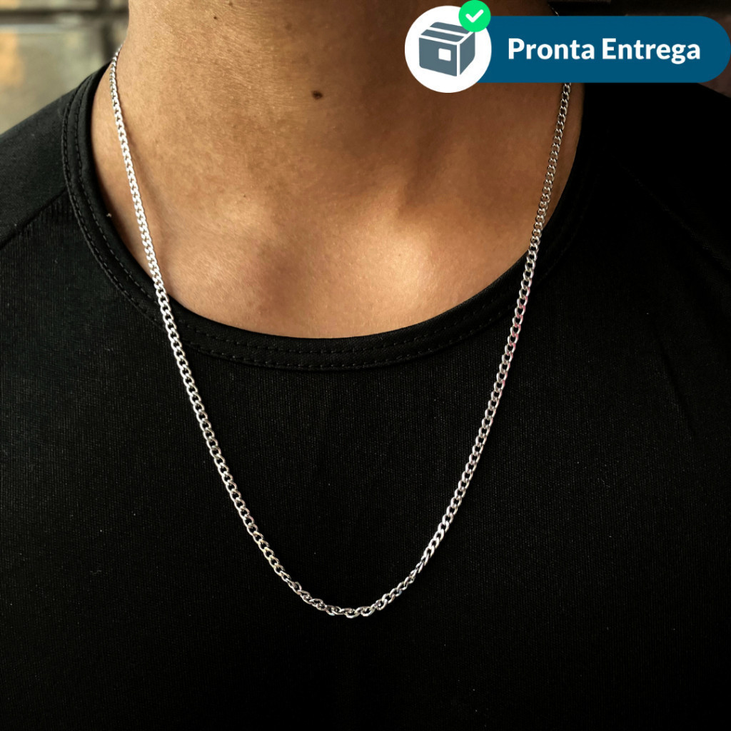 Corrente Masculina Prata 925 Autêntica 3mm 60cm Grumet 1x1 Colar Cordão Fino Maciço Joia Luxuosa