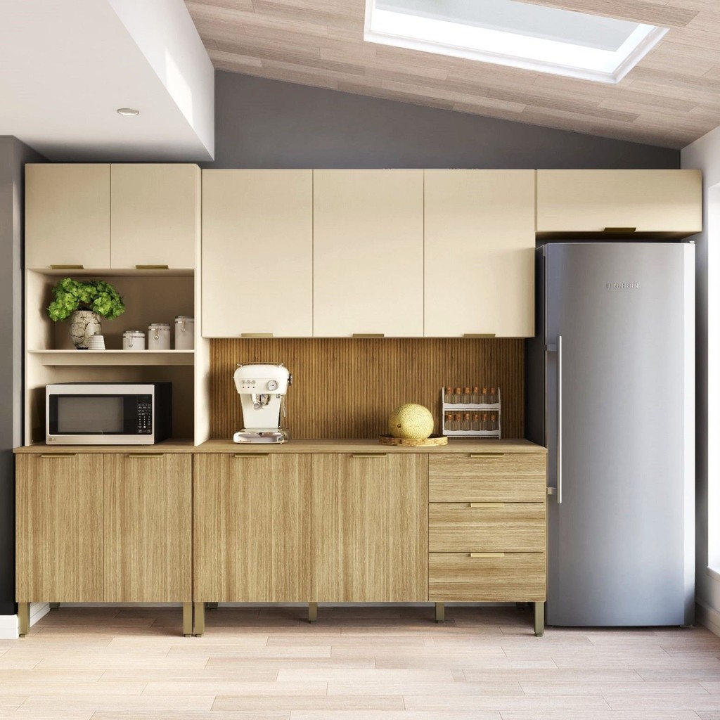 Cozinha Completa 5 Peças 10 Portas 3 Gavetas com Tampo e Painel Ripado Central Glam Sim em Oferta na Shopee