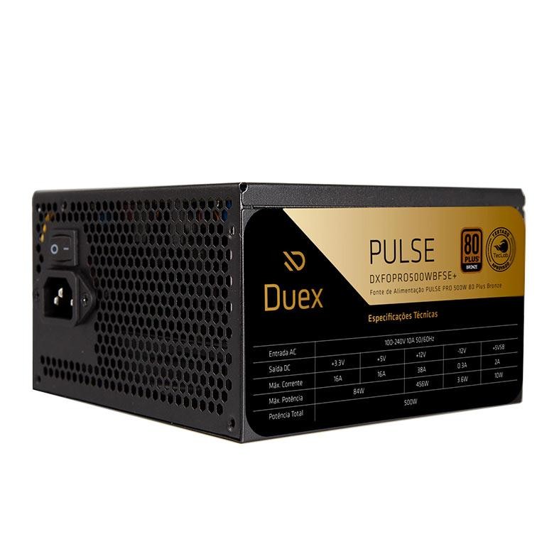 Fonte Duex Pulse Pro, 500W, 80 Plus Bronze, Preto, DXFOPRO500WBFSE-PLUS em Oferta na Shopee