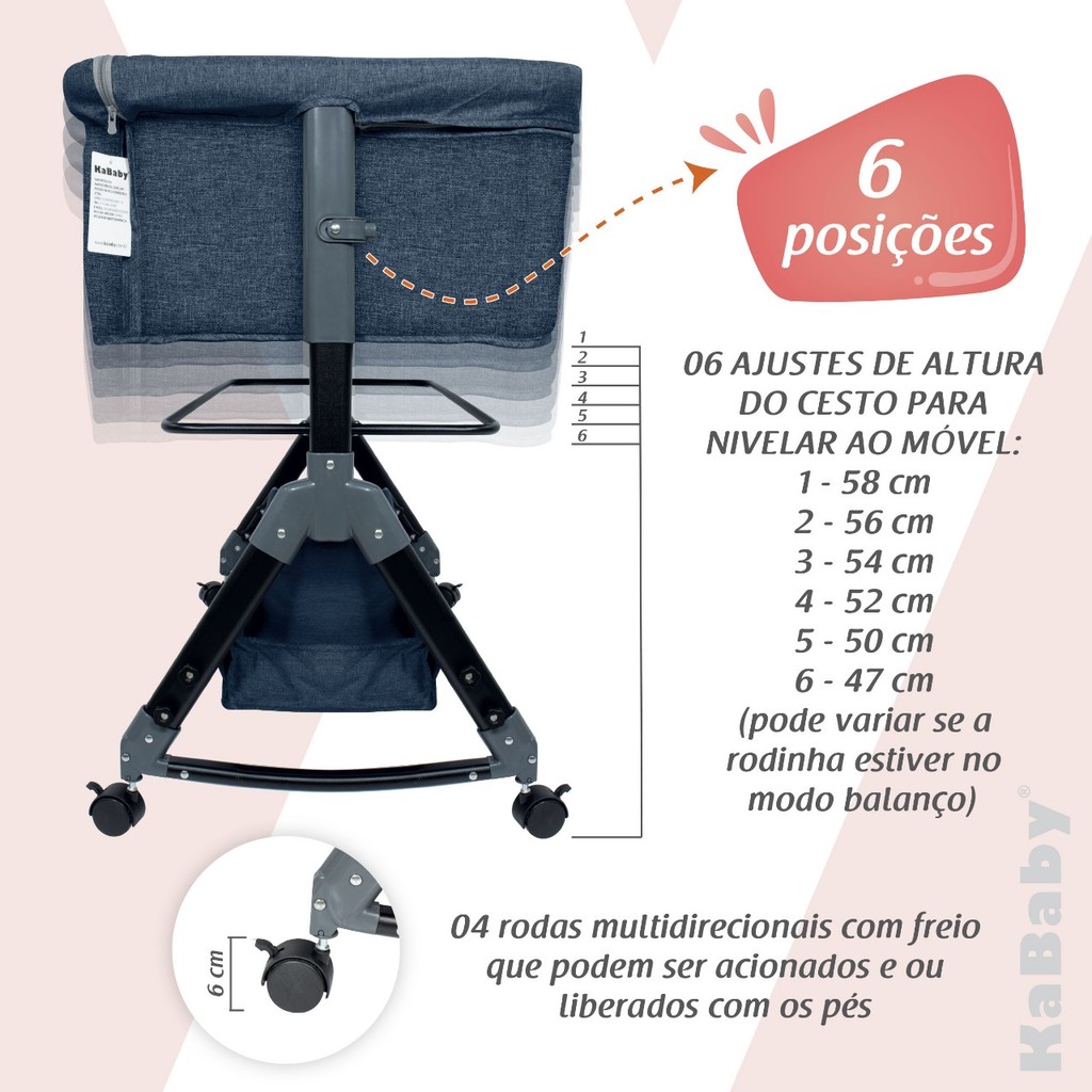 Detalhes do Berço Portátil Moises Co-bed Até 15kg C/ Balanço Mosquiteiro e Cesto Luna Azul - KaBaby