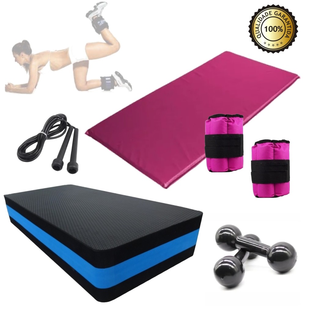 Kit Funcional Casa: Caneleira 3 Kg Rosa + Colchonete Rosa + Step + Halter 3kg + Corda