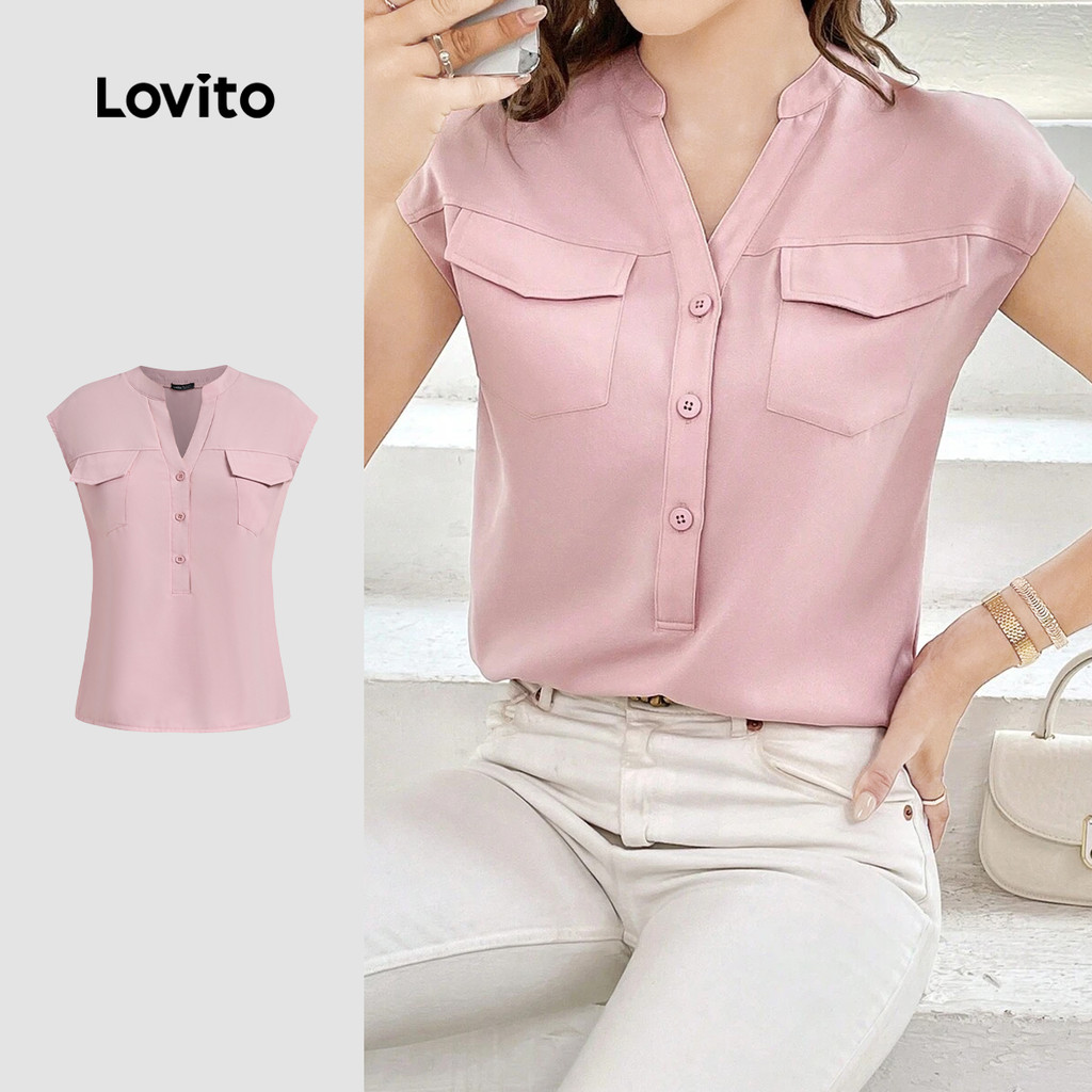 Lovito Blusa Elegante Com Botões Lisos E Bolso Falso, Blusa De Verão Para Mulheres L133ED947 em Oferta na Shopee