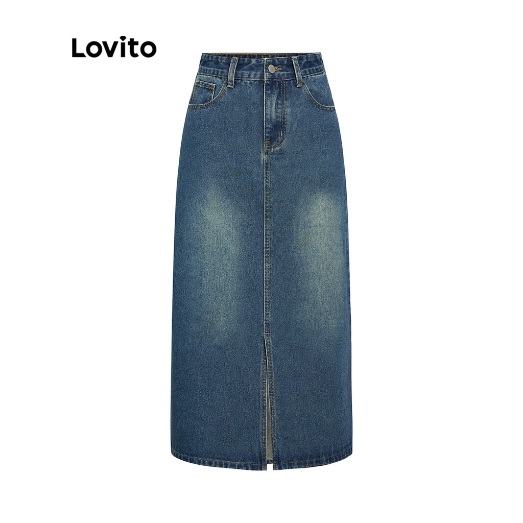 Lovito Saia Casual Feminina Lisa Lavada Com Fenda Midi Jeans Saia Verão/primavera L39AD079 em Oferta na Shopee