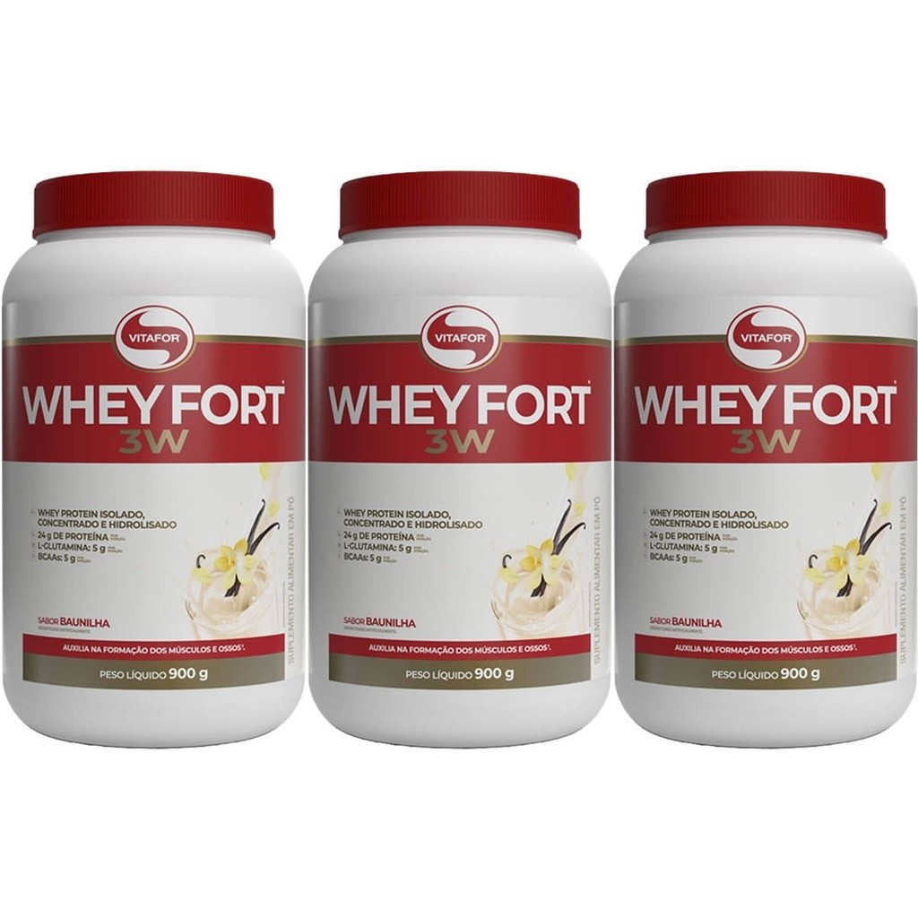 Kit 3X Whey Fort 3W - 900g Baunilha - Vitafor