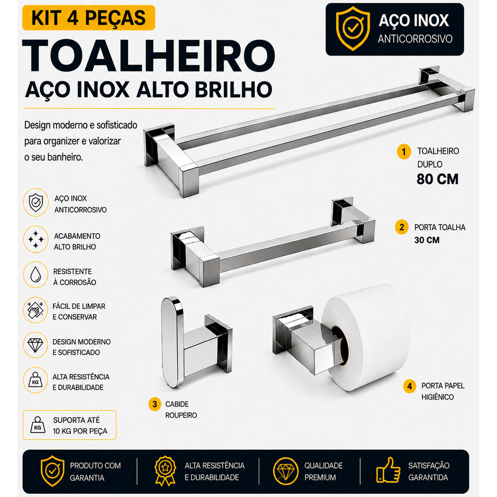 Kit Acessórios Banheiro/lavabo 4 Peças Aço Inox 304 Q4F