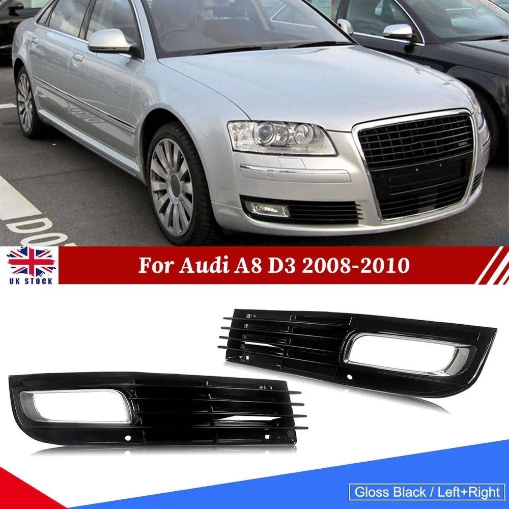 Para Audi A8 D3 2008-2010 Preto Brilhante Amortecedor Dianteiro Grade Luz De Nevoeiro Gril Capa