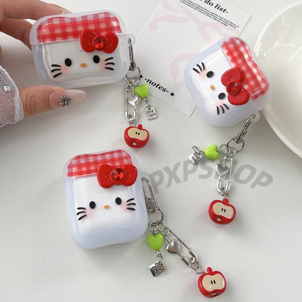 Red Grid Apple Cat + Pingente AirPods Case Para Pro3/Pro2/Pro 4/3/2/1 Fones De Ouvido Caixa À Prova De Choque