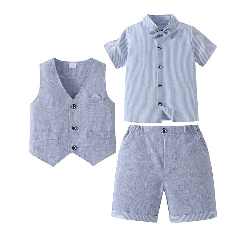 Traje Formal Para Crianças , Meninos , 1 A 8 Anos , Shorts Azuis , Colete , Listra , Camisa Polo Menino , Roupa De Anive