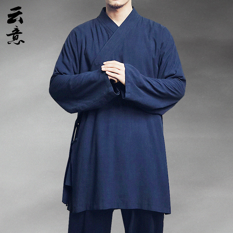 Estilo chinês de comprimento médio Hanfu roupas Zen masculinas camada antiga roupas de linho robe roupas de chá robe jaq