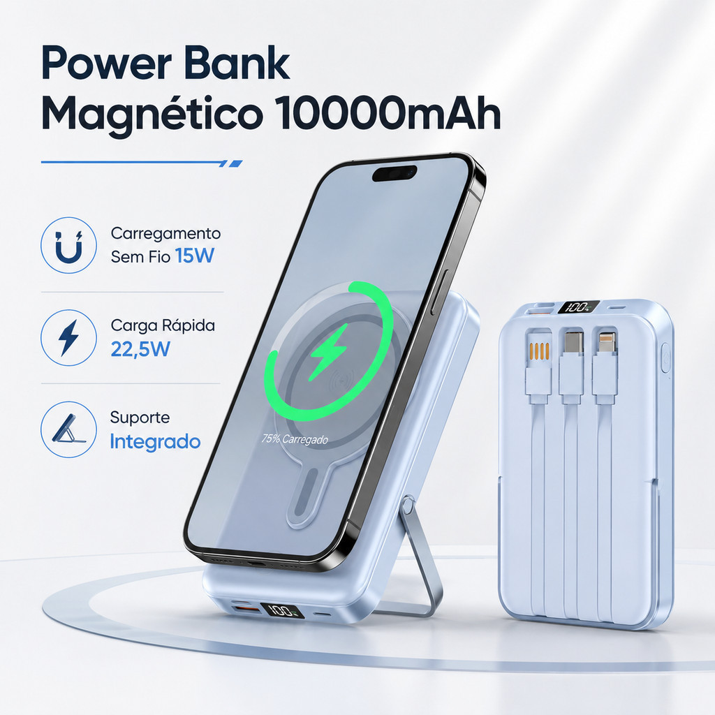 Power Bank 10000mAh Magnético MagSafe Carregador Portátil Turbo 22.5W com 3 Cabos Integrados e Suporte