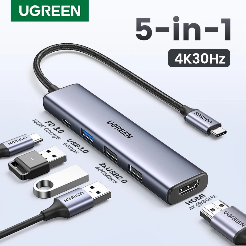 UGREEN Hub USB C 5 em 1, Adaptador Multiportas 4K HDMI USB 100W para MacBook Pro/Air, iPad Pro, iMac, 15 Pro/Pro Max, XP