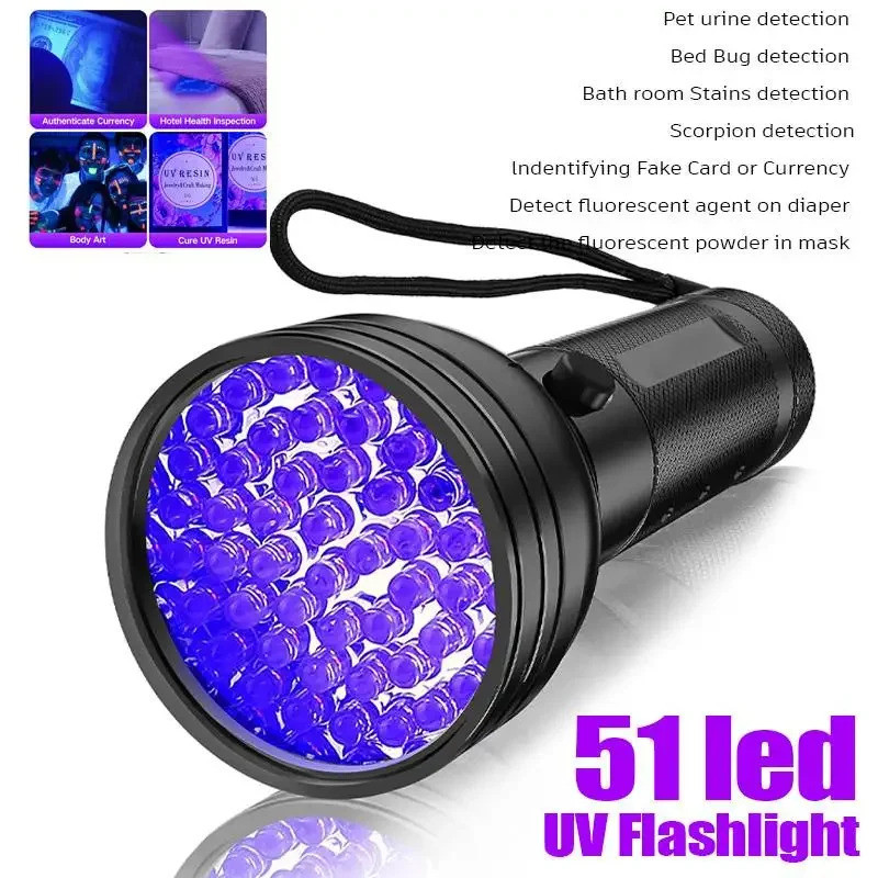 Lanterna UV 51LED EDC, Luz Roxa, Luz Negra 395nm, Lanterna Portátil Ultravioleta, Detector de Urina de Animais de Estima