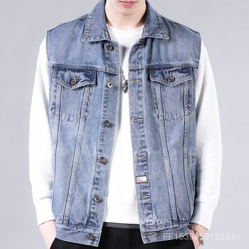 Jaqueta jeans masculina outono inverno novo estilo jaqueta All-Match colete sem mangas Multi-bolso colete estilo Hong Ko