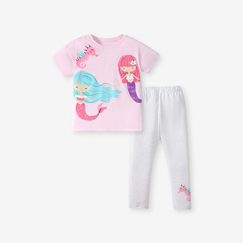 Meninas calças de manga curta 2 peças terno verão novo estilo roupas infantis sereia puro algodão bebê Leggings dos dese