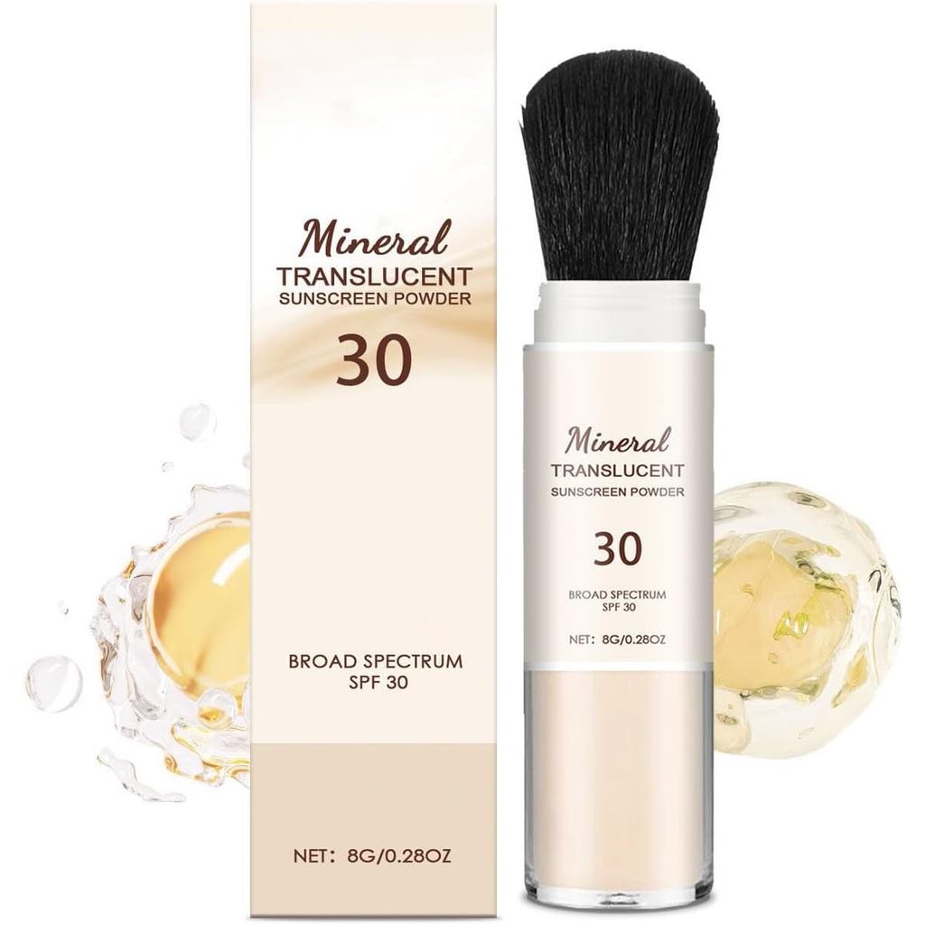 Pó solar mineral, pó solar mineral, pó com proteção SPF30 UVA+UVB, pó fixador de maquiagem
