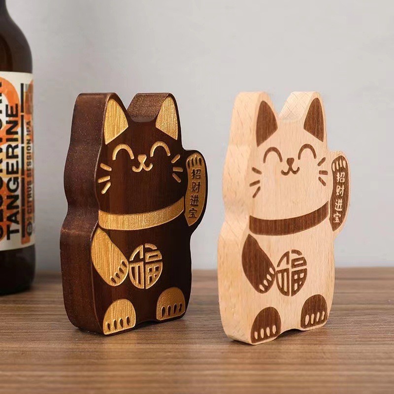 Adesivo de geladeira de madeira maciça, abridor de garrafas, bebidas, cerveja, magnético, criativo, gato da sorte, abrid