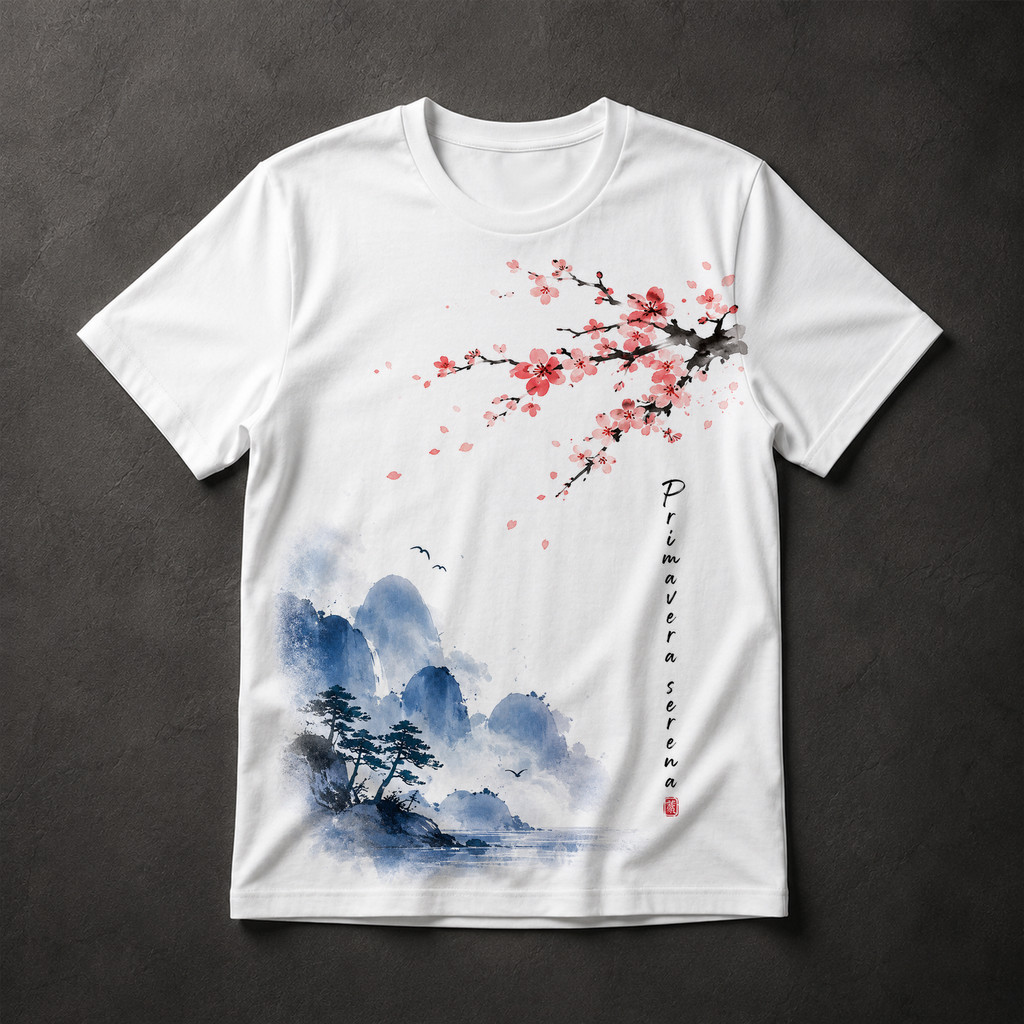 Camiseta Masculina Cerejeira Japonesa Aquarela Oriental Flor Sakura Arte Primavera Serena