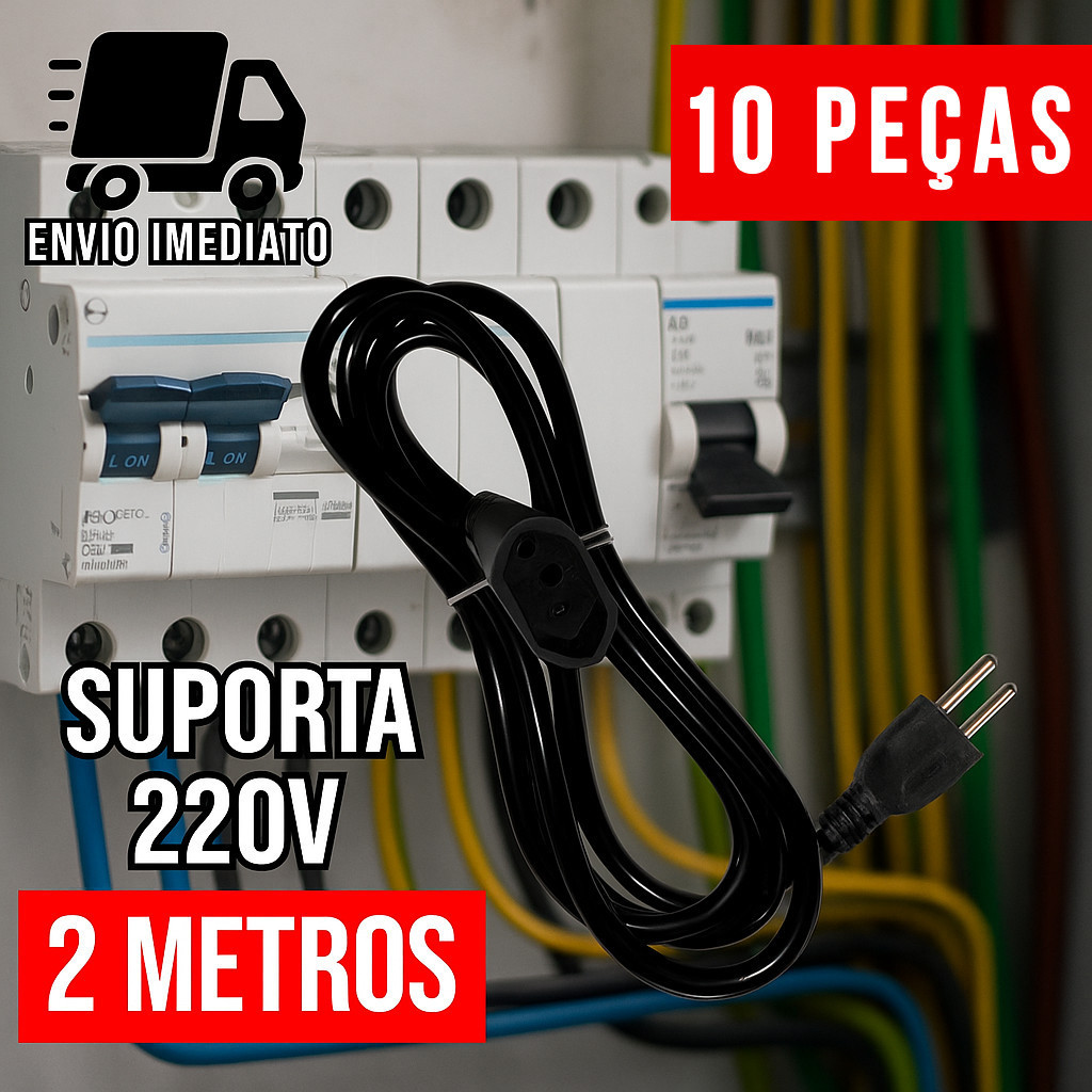 Kit 10 Extensão Elétrica e Prolongador Preto Extensor de Cabo 2 Metros Bivolt 110v e 220v