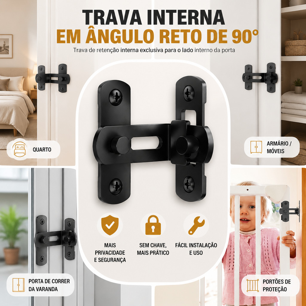 Trava Tranca Angular L90º E RETO Aço Inoxidável Durável Contra Ladrão para Porta Janela Gaveta de Casa Apartamento — imagem 2 de 2