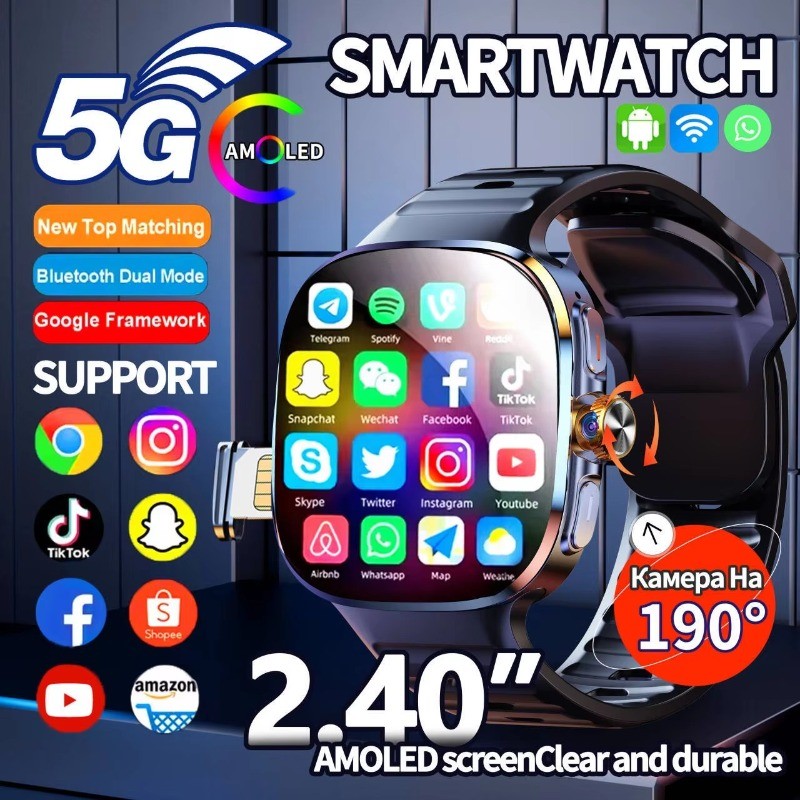 Relógio Inteligente Original Android 4G/5G Cartão SIM 2.4'AMOLED 190 ° Câmera Rotativa WIFI GPS Bluetooth Sistema Duplo 
