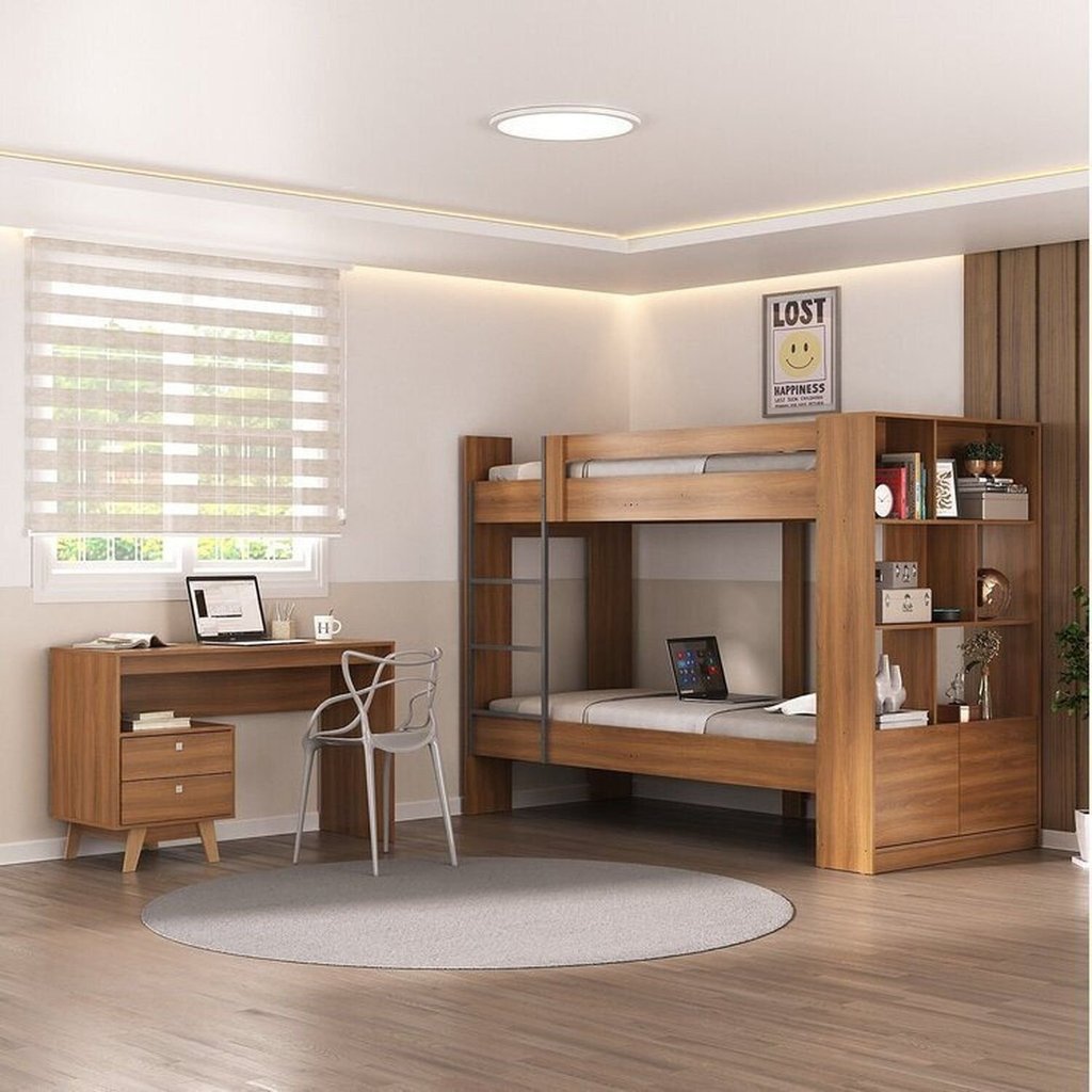 Quarto Juvenil Completo Zest com Beliche e Escrivaninha 2 Gavetas Yescasa Marrom/Nogal Nogal