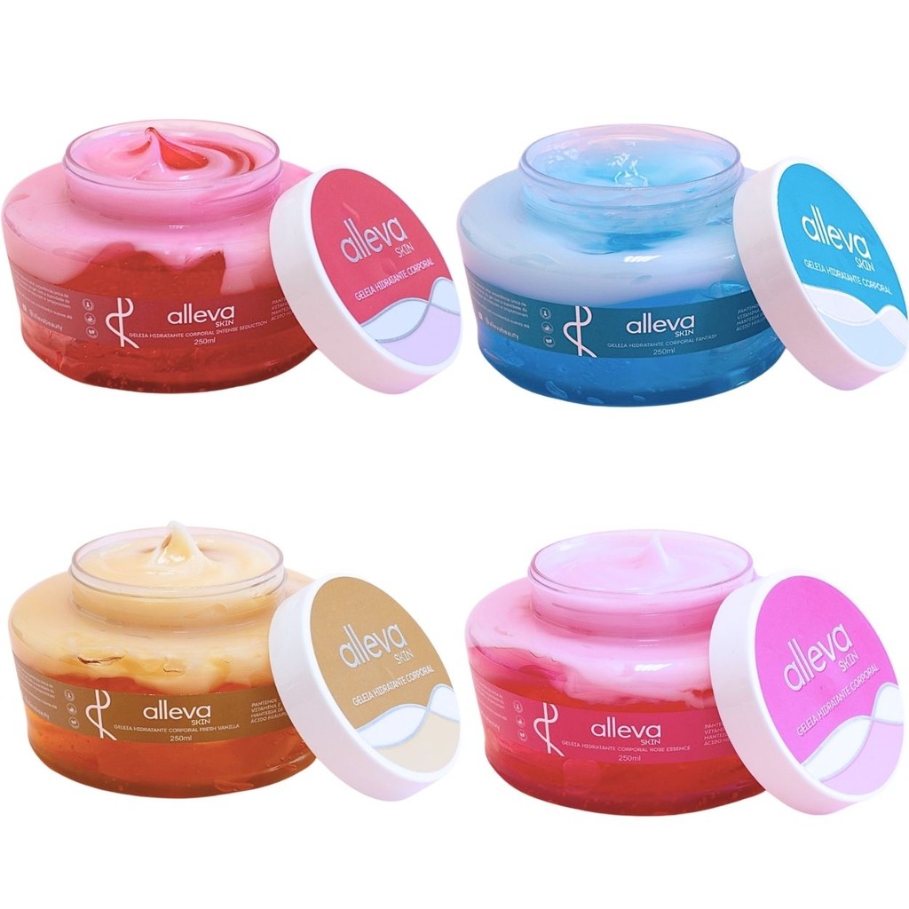 Kit 4un Geleia Hidratante Corporal Alleva 4 fragrâncias c/ Textura Aveludada e Suave Gel Creme