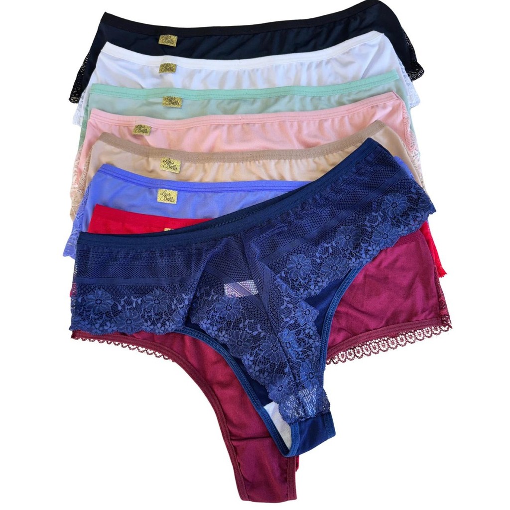 Kit com 10 Calcinhas Plus Size Fio Dental Renda Sexy Tanga Lisa Cós Alto Lingerie Sensual