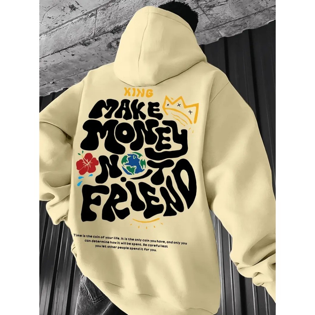 Blusa Moletom Canguru Casual Bolso e Toca Flanelado Unissex Estampa "Faça Dinheiro, Não Amigos" money friend
