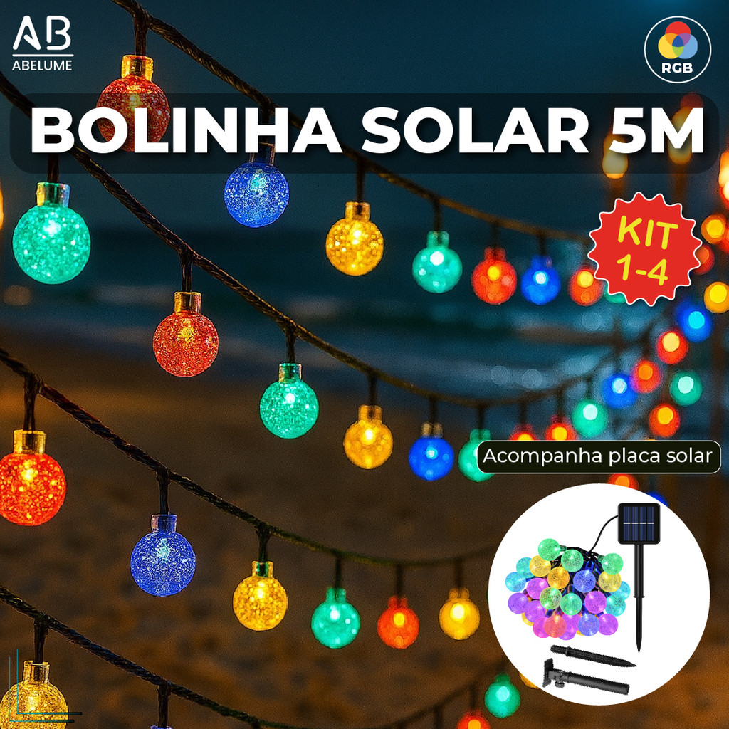20M Luz Solar Fio de Fada Bolinha RGB 5M Led Com Placa Solar para ambientes externos em Oferta na Shopee