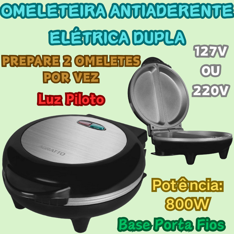 Omeleteira Antiaderente Elétrica Dupla Acabamento Em Inox Base Antiderrapante 800W 127V Ou 220V