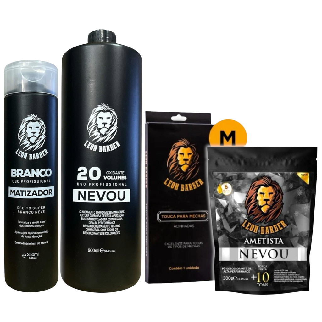 Kit Touca M + Pó Descolorante Ametista 300g + Matizador 250ml + Água Oxigenada 900ml (20 Volumes) – Leon Barber