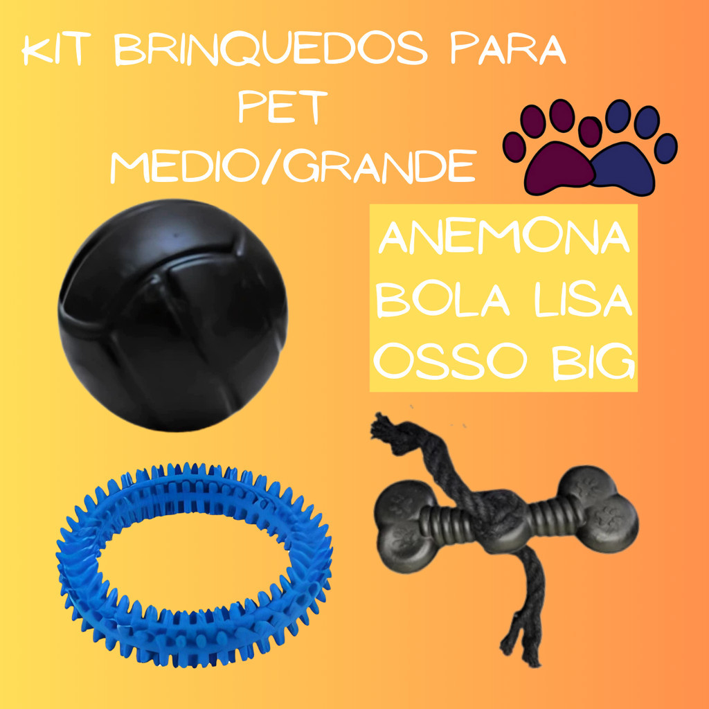 Kit Brinquedos Para Cachorro Anêmona + Bola Lisa + Osso Chiclete Big Com Corda para Cães