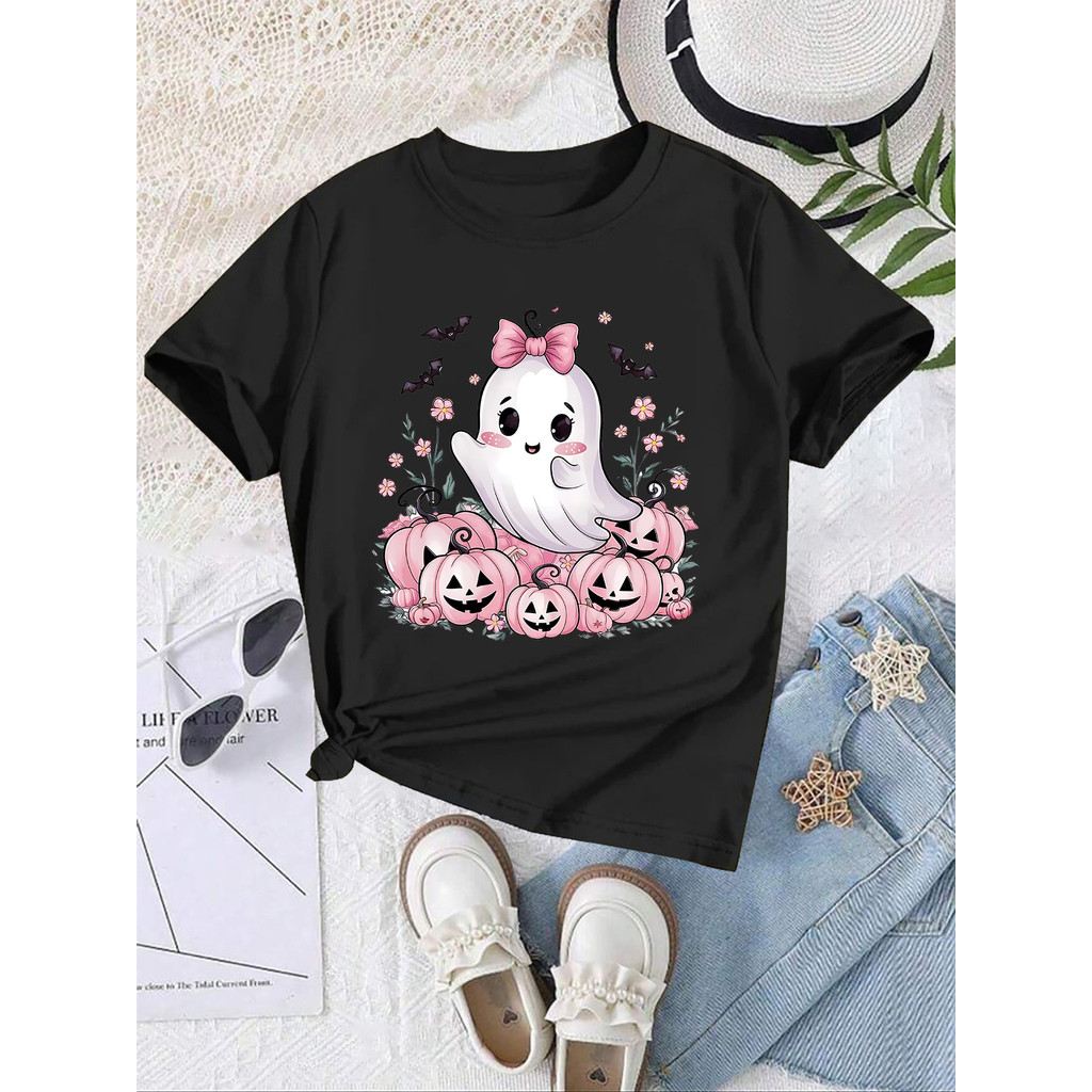 Camiseta Feminina Premium Halloween, Fantasma Fofo Rosa, Oversized 100% Algodão Confecção Própria