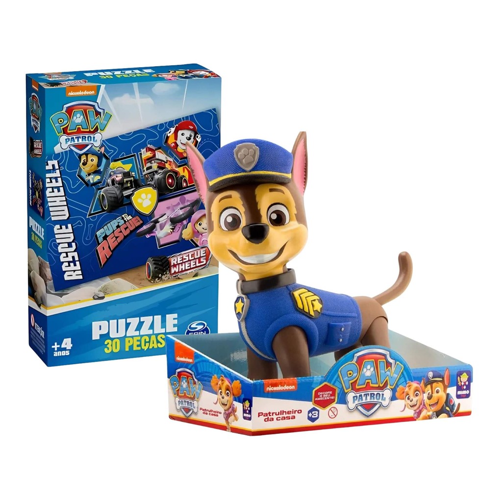 Kit Boneco Chase 40cm Patrulha Canina Mimo Toys + Quebra-Cabeça 30 Peças Grow Infantil
