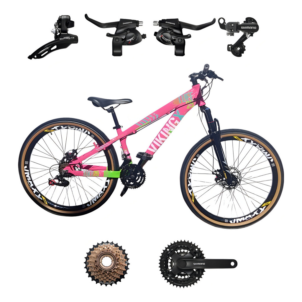 Bicicleta Vikingx 26 21v Tuff 25 Balão Faixa Amarela Shimano Cor Rosa/verde Tamanho Do Quadro 13.5
