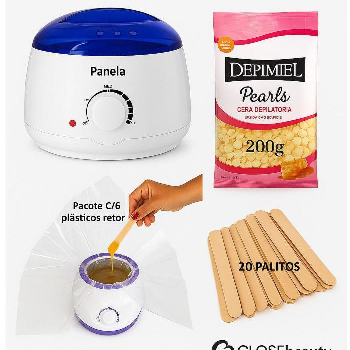 Kit Aquecedor Cera Quente Panela Depiladora + Plastico Protetor + Cera 200g + Palito
