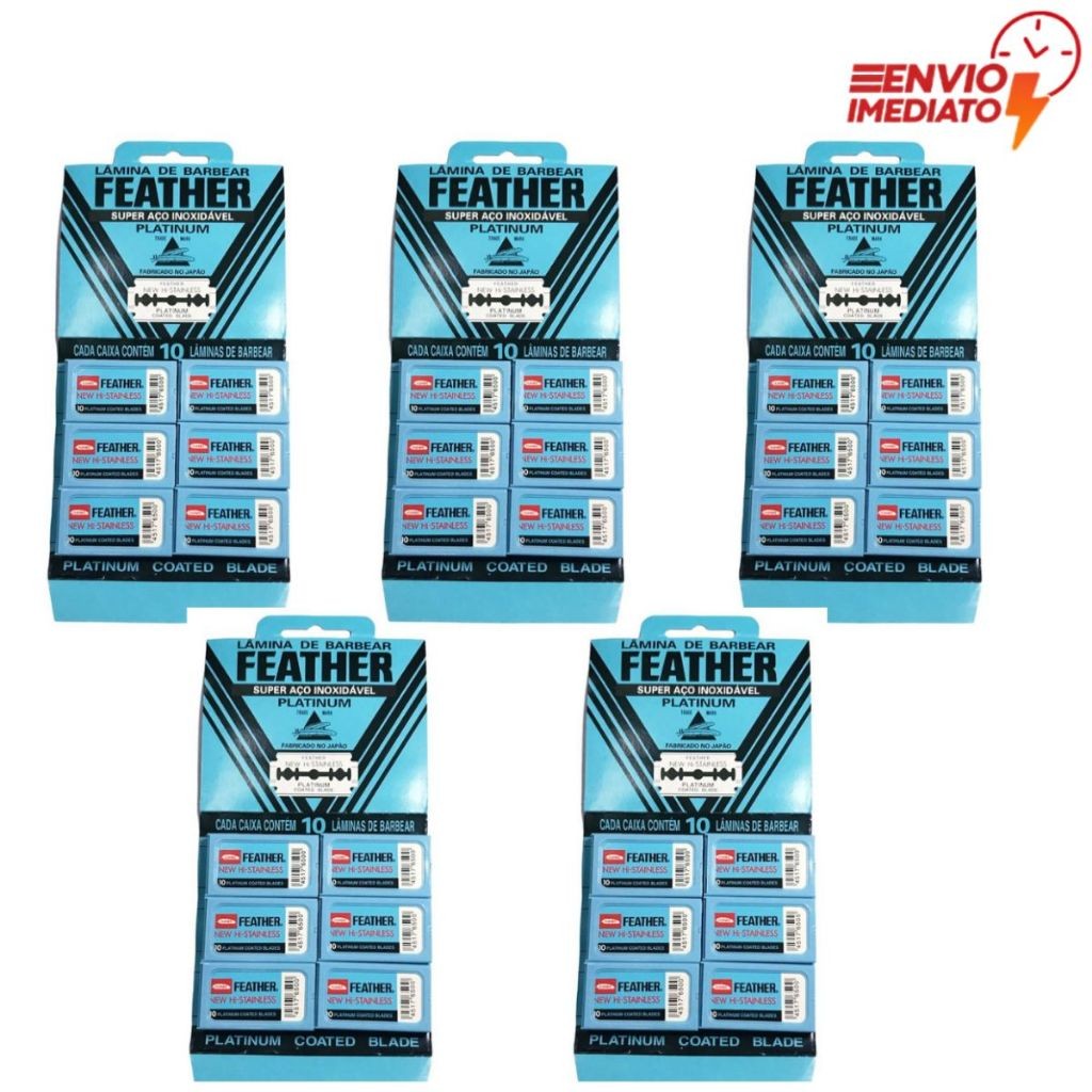 5 Cartelas Lâmina Para Barbear Feather Platinum Aço Inoxidável Com 60un Cada