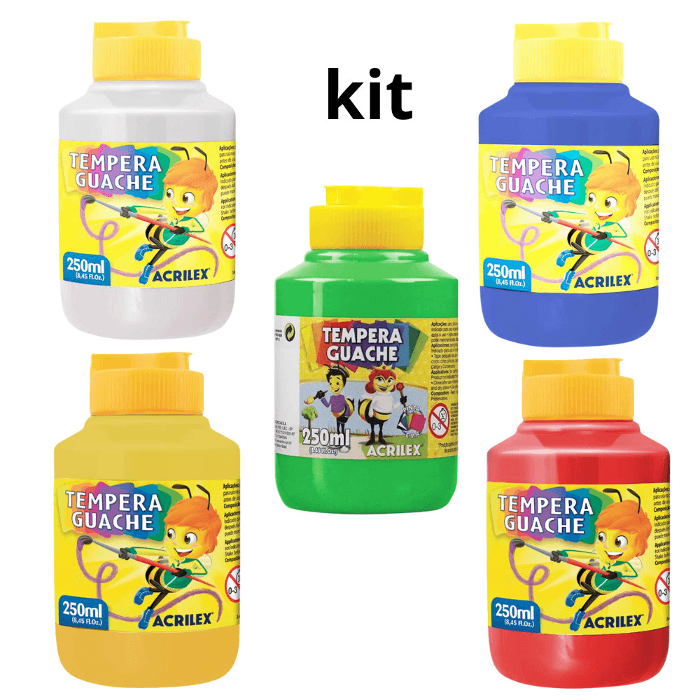 Kit Tinta Guache Acrilex 250ml Verm + Verd  + Azul + Bran + Amar