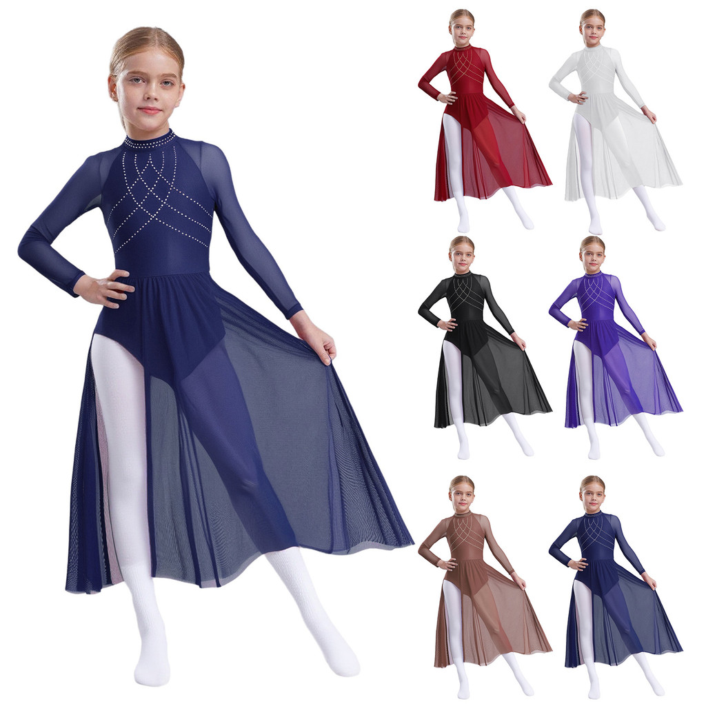 Yeahdor Crianças Meninas Traje De Dança Lírica Strass Brilhantes Malha Pura Retalhos Flowy Split Vestido Buraco De Fecha