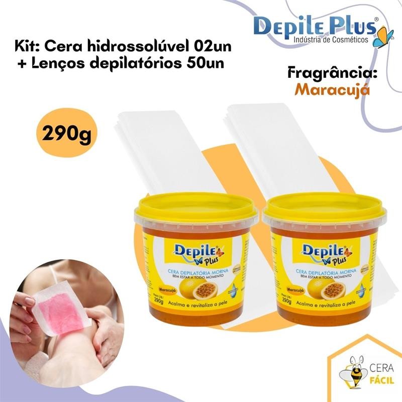 Kit 02 Ceras Hidrossolúveis 290g + Lenços Depilatórios 50un Depile Plus