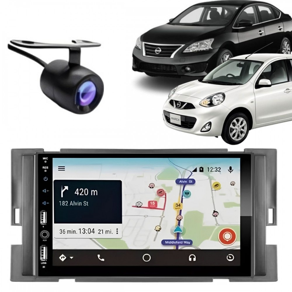 Central Multimídia 2 Din Carplay Android Nissan Versa Moldura + Câmera PT