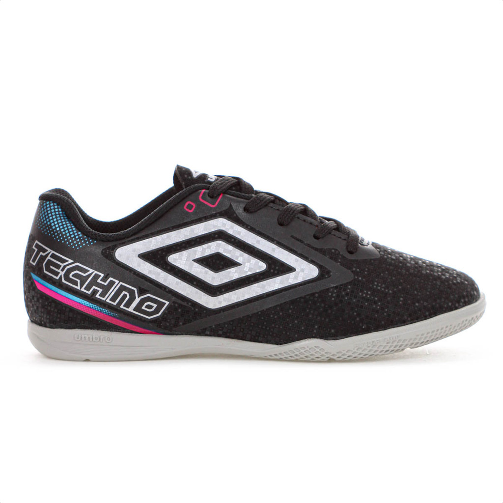 Chuteira Umbro Futsal Techno II Jr Preto Cinza e Azul - Juvenil