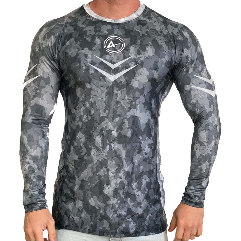 Camisa Rash Guard Masculina Camuflagem Cinza Manga Longa Atlética Esportes