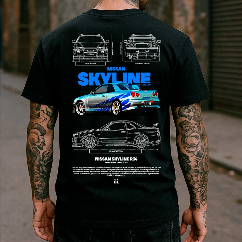 Camiseta Nissan Skyline R34 JDM Tuning Esportivo Paul Walker Volozes e Furiosos 2 Lançamento Brian