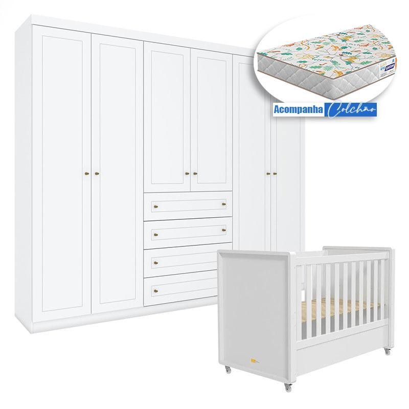 Berço Tutto New com Guarda Roupa Mississipi 6 Portas Branco Fosco e Colchão Gazin - Matic