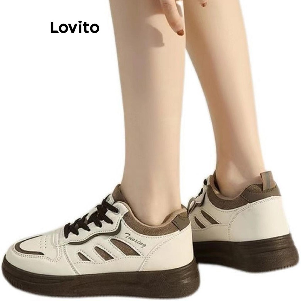 Detalhes do Lovito Tênis esportivo liso com sola grossa e macio e confortável para deslocamento esportivo para mulheres LFA60310